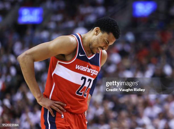 Otto Porter Jr. #22 of the Washington Wizards reacts during the second half of Game Five against the Toronto Raptors in Round One of the 2018 NBA...