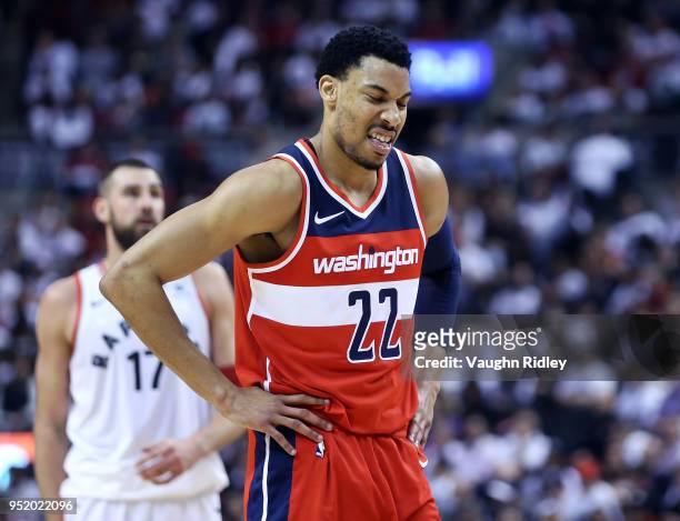 Otto Porter Jr. #22 of the Washington Wizards reacts during the second half of Game Five against the Toronto Raptors in Round One of the 2018 NBA...