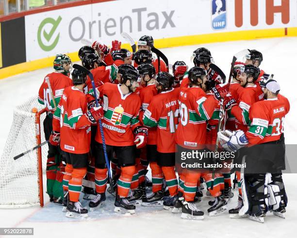 Team of Hungary celebrates the victory over Poland during the 2018 IIHF Ice Hockey World Championship Division I Group A match between Poland and...