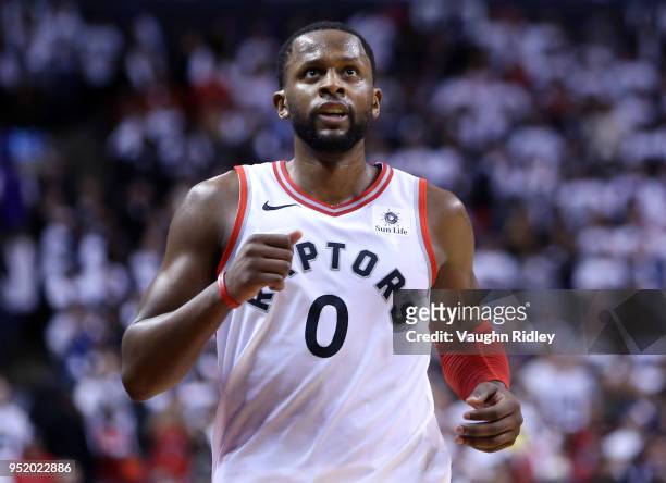 Miles of the Toronto Raptors looks on during the second half of Game Five against the Washington Wizards in Round One of the 2018 NBA playoffs at Air...