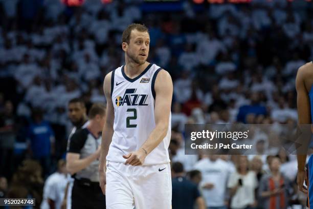 Joe Ingles of the Utah Jazz watches action against the Oklahoma City Thunder during game 5 of the Western Conference playoffs at the Chesapeake...