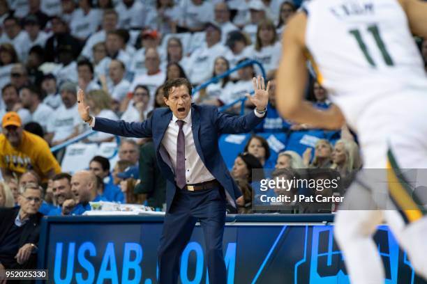 Quin Snyder coach of the Utah Jazz yells instructions during game 5 of the Western Conference playoffs at the Chesapeake Energy Arena on April 25,...