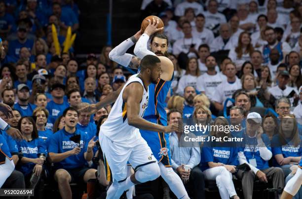 Steven Adams of the Oklahoma City Thunder looks to pass the ball during game 5 of the Western Conference playoffs at the Chesapeake Energy Arena on...