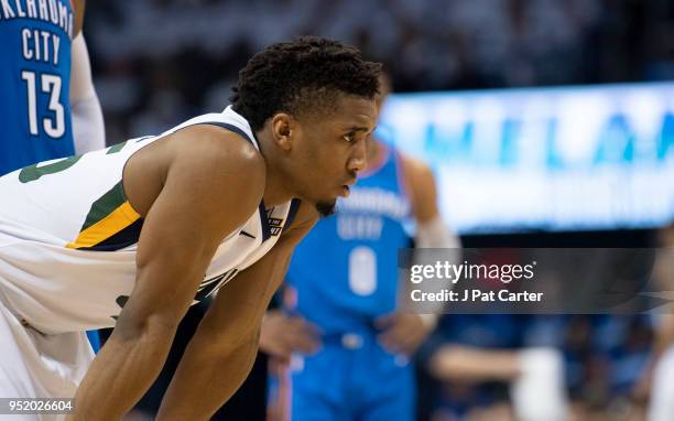 Donovan Mitchell of the Utah Jazz during game 5 of the Western Conference playoffs at the Chesapeake Energy Arena on April 25, 2018 in Oklahoma City,...