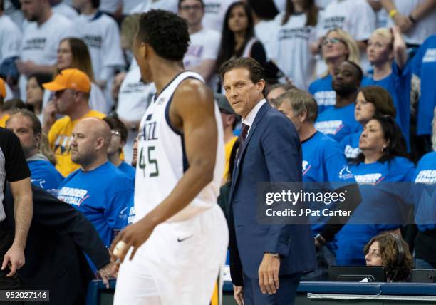 Quin Snyder coach of the Utah Jazz talks to Donovan Mitchell of the Utah Jazz during game 5 of the Western Conference playoffs at the Chesapeake...