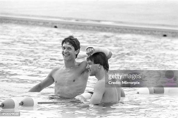 England footballers Gary Lineker and Bryan Robson in the swimming pool at the Cima Club in Monterrey, Mexico where the England team are based prior...