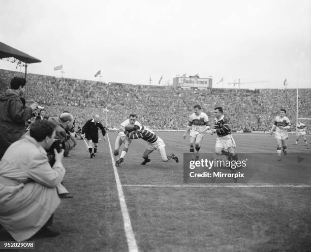 Desperate defence by Huddersfield prevents Wakefield Trinity from scoring a third try in the Rugby League Cup Final at Wembley 12th May 1962.