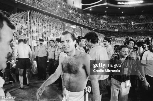 World Cup Finals Second Round Group B match in Madrid, Spain. West Germany 0 v England 0. England's Ray Wilkins walks off the pitch without his shirt...