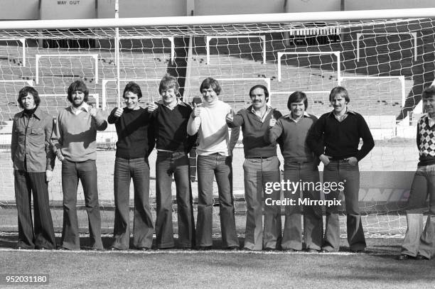 Eight of the Everton side to play in the League Cup Final match against Aston Villa, pictured in the goalmouth at Wembley Stadium. George Telfer,...