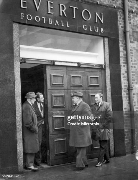 Syd Reaks, the Liverpool chairman followed by secretary of the club Peter Robinson arriving at Goodison Park for the momentous meeting on whether to...