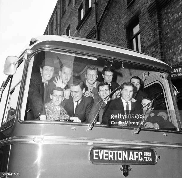 Everton players leave for Sunderland in their £10 000 coach ahead of their FA cup fifth round match, 14th February 1964.