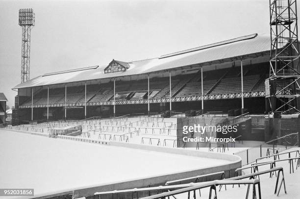 Goodison Park, home ground of Everton football club, covered in snow the day before their match is called off. 7th February 1969.