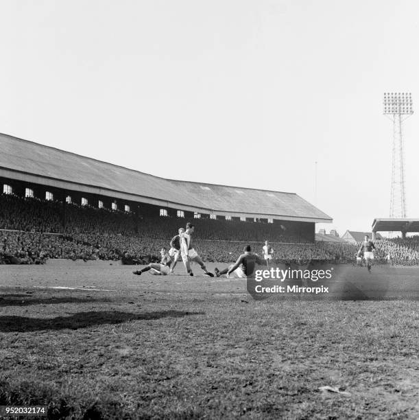 Blackburn Rovers v Manchester United, league match at Ewood Park, Saturday 3rd April 1965. Bryan Douglas is beaten by United keeper Pat Dunne. Final...