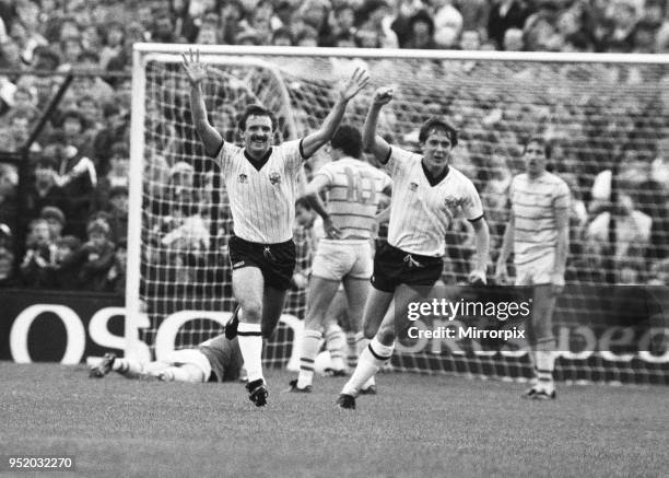 English League Division Two match at Craven Cottage. Fulham 3 v Chelsea 5. Fulham 's Gordon Davies celebrates a goal with teammates. 8th October 1983.