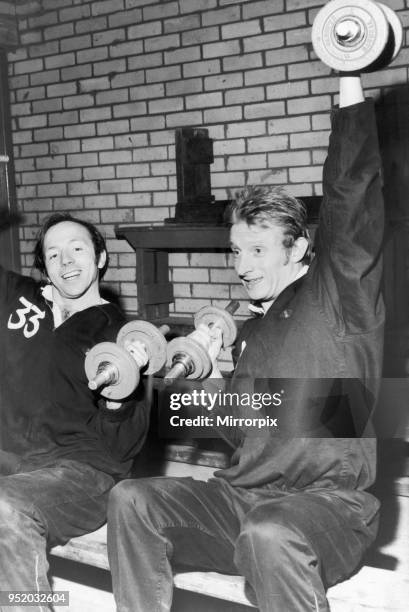 Manchester United stars Nobby Stiles and Denis Law seen here in training at The Cliff in Blackpool. Circa 1965.