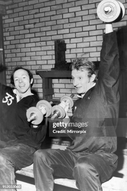 Manchester United stars Nobby Stiles and Denis Law seen here in training at The Cliff in Blackpool. Circa 1965.