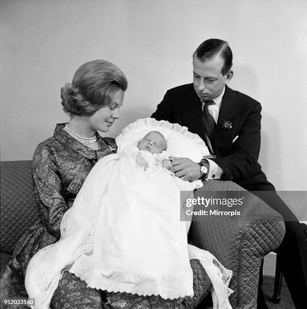 The Duke and Duchess of Kent with their baby son, the Earl of St Andrews at their home Coppins in Iver, Buckinghamshire, 16th July 1962.