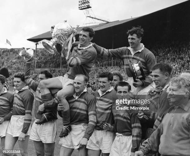 Leeds celebrate their 9 - 7 victory over Barrow in the Rugby League Cup Final at Wembley, 11th May 1957.