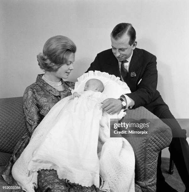 The Duke and Duchess of Kent with their baby son, the Earl of St Andrews at their home Coppins in Iver, Buckinghamshire, 16th July 1962.