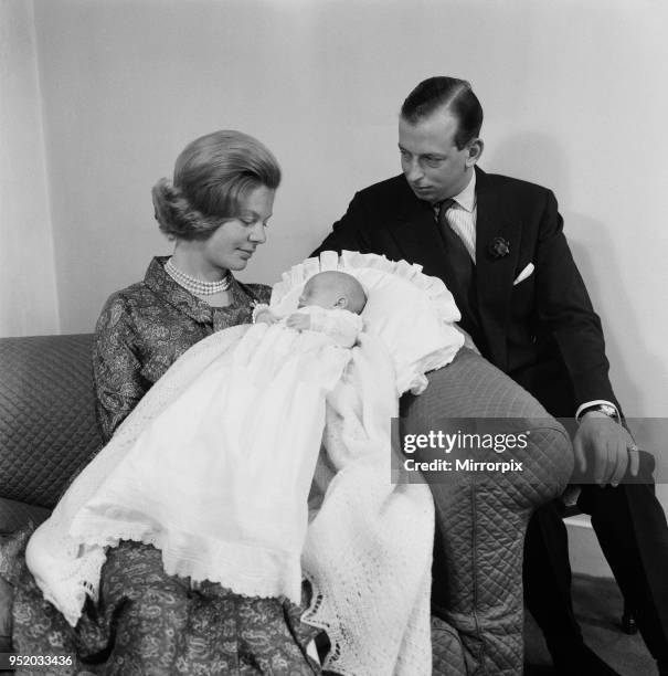 The Duke and Duchess of Kent with their baby son, the Earl of St Andrews at their home Coppins in Iver, Buckinghamshire, 16th July 1962.