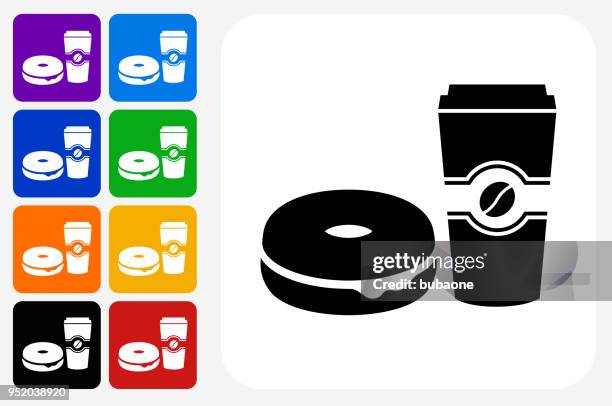 bagel and coffee icon square button set - red breakfast graphics stock illustrations