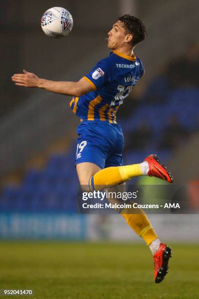 Sam Jones of Shrewsbury Town during the Sky Bet League One match between Shrewsbury Town and Peterborough United at New Meadow on April 24, 2018 in...