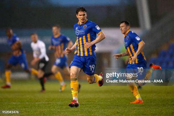 Sam Jones of Shrewsbury Town during the Sky Bet League One match between Shrewsbury Town and Peterborough United at New Meadow on April 24, 2018 in...