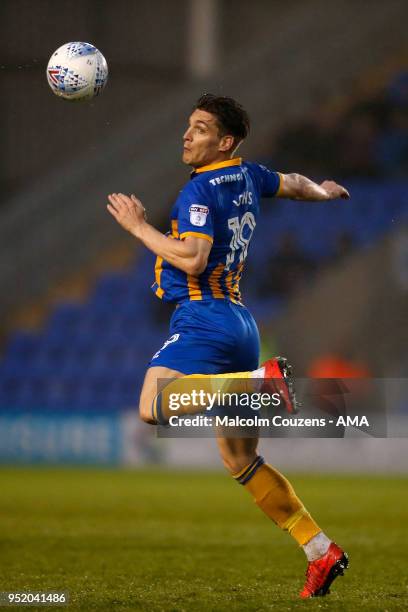 Sam Jones of Shrewsbury Town during the Sky Bet League One match between Shrewsbury Town and Peterborough United at New Meadow on April 24, 2018 in...