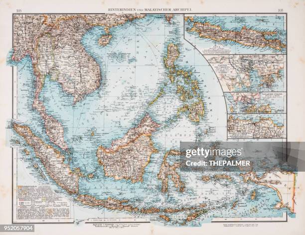 stockillustraties, clipart, cartoons en iconen met kaart van zuidoost-azië de maleise archipel 1896 - indonesia map