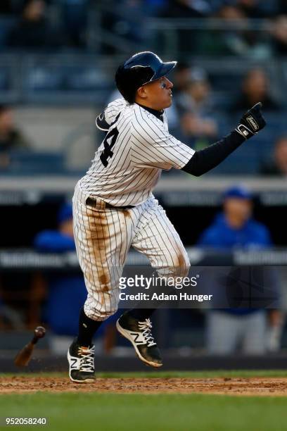 Ronald Torreyes of the New York Yankees at bat against the Toronto Blue Jays during the second inning at Yankee Stadium on April 19, 2018 in the...