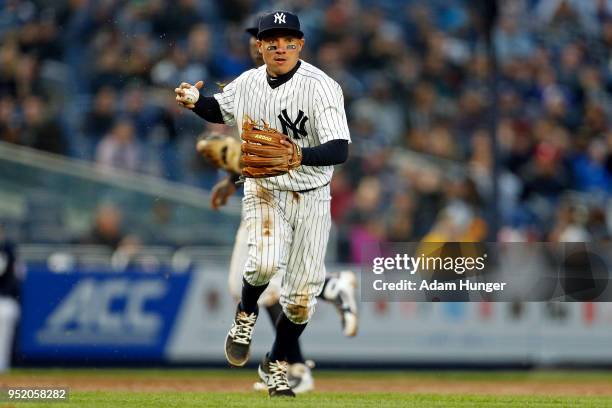 Ronald Torreyes of the New York Yankees in action against the Toronto Blue Jays during the third inning at Yankee Stadium on April 19, 2018 in the...