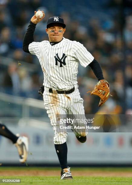 Ronald Torreyes of the New York Yankees in action against the Toronto Blue Jays during the third inning at Yankee Stadium on April 19, 2018 in the...