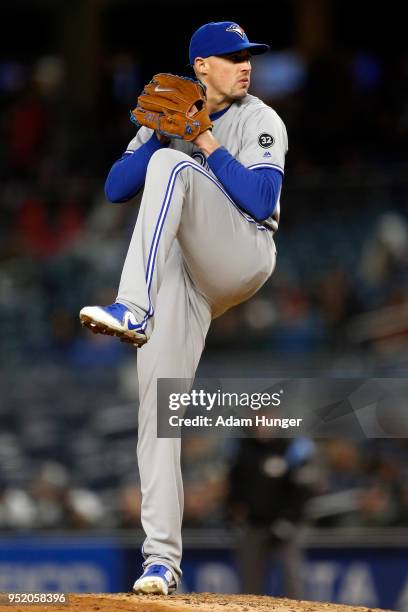 Aaron Sanchez of the Toronto Blue Jays pitches against the New York Yankees during the fourth inning at Yankee Stadium on April 19, 2018 in the Bronx...