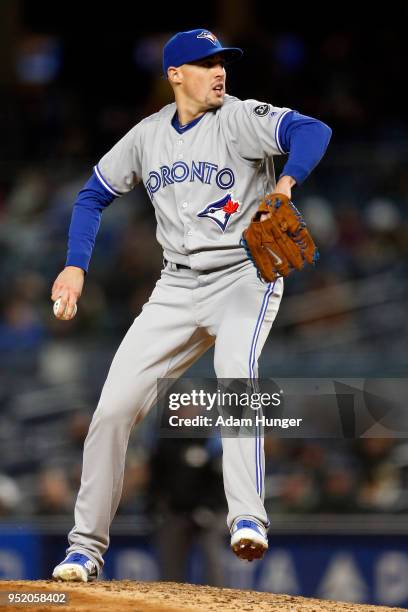 Aaron Sanchez of the Toronto Blue Jays pitches against the New York Yankees during the fourth inning at Yankee Stadium on April 19, 2018 in the Bronx...