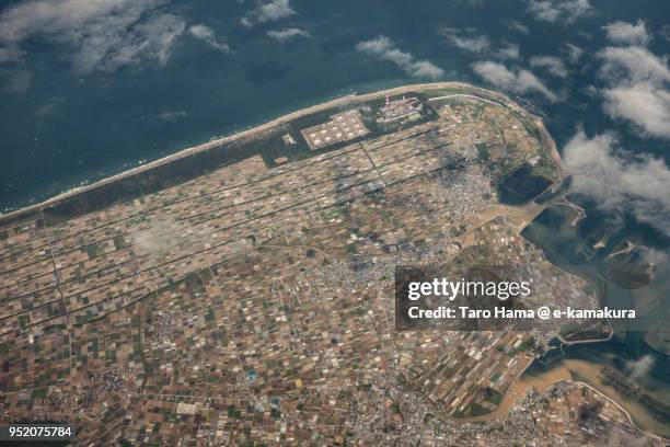 ise bay in northern pacific ocean and tahara city in atsumi peninsula in aichi prefecture in japan daytime aerial view from airplane - atsumi stock pictures, royalty-free photos & images