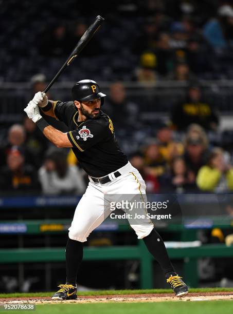Sean Rodriguez of the Pittsburgh Pirates bats during game two of a doubleheader against the Detroit Tigers at PNC Park on April 25, 2018 in...