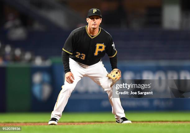 David Freese of the Pittsburgh Pirates in action during game two of a doubleheader against the Detroit Tigers at PNC Park on April 25, 2018 in...