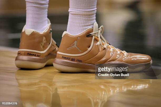 Detail view of the Air Jordan sneakers worn by Jabari Parker of the Milwaukee Bucks during Game Six of Round One of the 2018 NBA Playoffs against the...