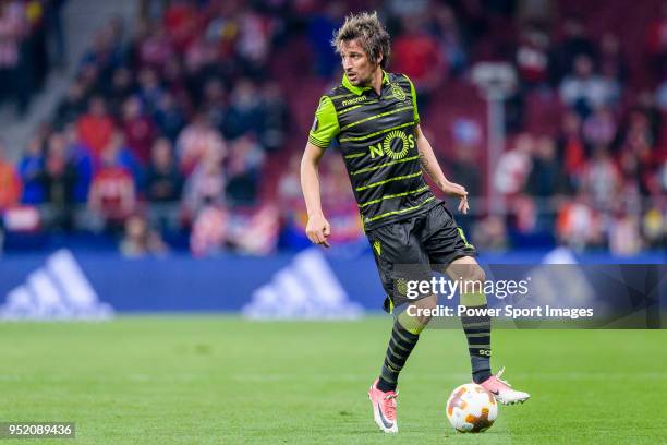 Fabio Coentrao of Sporting CP in action during the UEFA Europa League quarter final leg one match between Atletico Madrid and Sporting CP at Wanda...