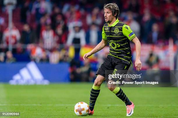 Fabio Coentrao of Sporting CP in action during the UEFA Europa League quarter final leg one match between Atletico Madrid and Sporting CP at Wanda...