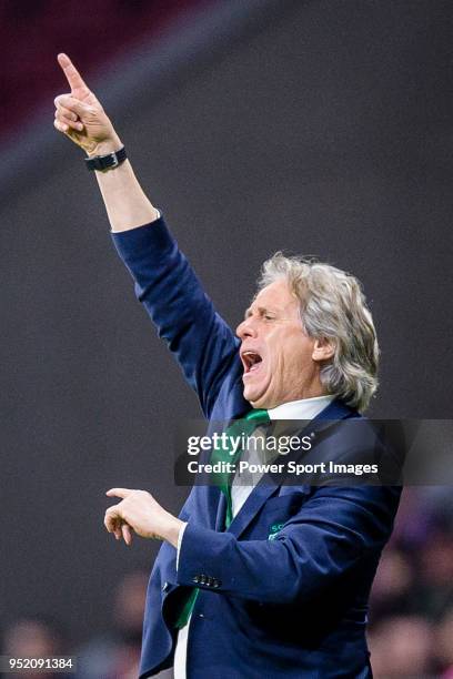 Coach Jorge Jesus of Sporting CP gestures during the UEFA Europa League quarter final leg one match between Atletico Madrid and Sporting CP at Wanda...