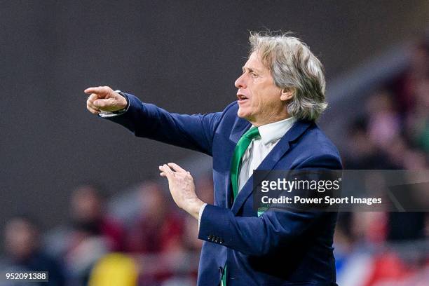 Coach Jorge Jesus of Sporting CP gestures during the UEFA Europa League quarter final leg one match between Atletico Madrid and Sporting CP at Wanda...