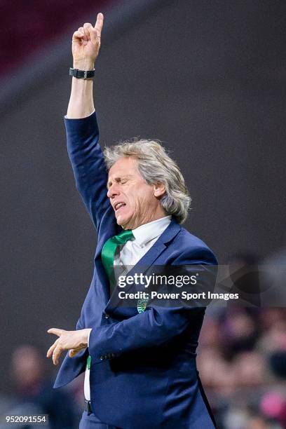 Coach Jorge Jesus of Sporting CP gestures during the UEFA Europa League quarter final leg one match between Atletico Madrid and Sporting CP at Wanda...