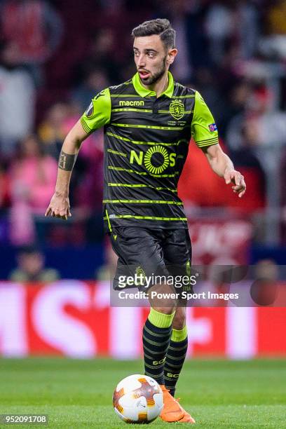 Bruno Fernandes of Sporting CP in action during the UEFA Europa League quarter final leg one match between Atletico Madrid and Sporting CP at Wanda...