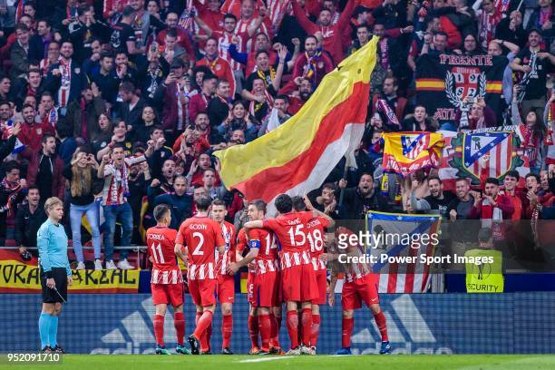 Players of Atletico Madrid celebrates during the UEFA Europa League quarter final leg one match between Atletico Madrid and Sporting CP at Wanda...