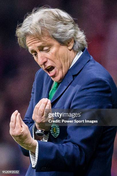 Coach Jorge Jesus of Sporting CP gestures during the UEFA Europa League quarter final leg one match between Atletico Madrid and Sporting CP at Wanda...