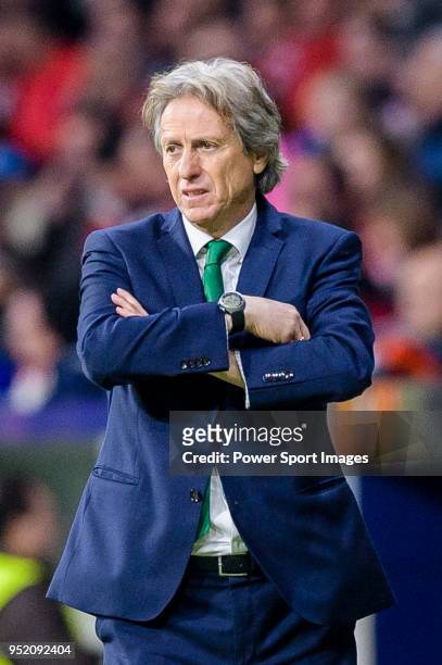 Coach Jorge Jesus of Sporting CP reacts during the UEFA Europa League quarter final leg one match between Atletico Madrid and Sporting CP at Wanda...