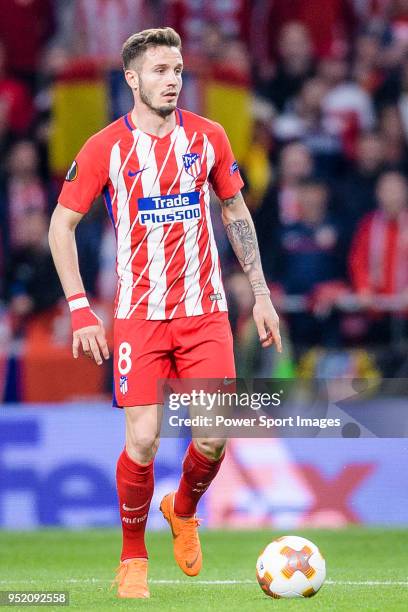 Saul Niguez Esclapez of Atletico de Madrid in action during the UEFA Europa League quarter final leg one match between Atletico Madrid and Sporting...