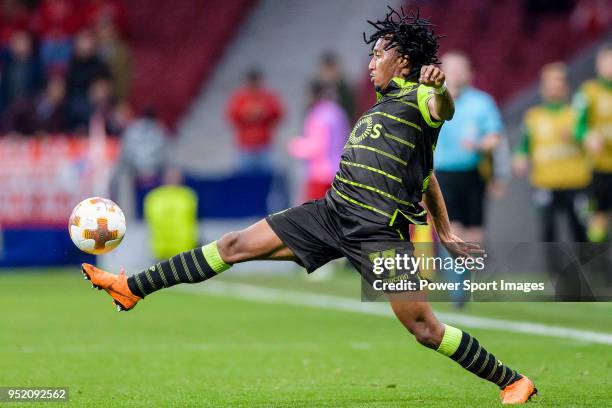 Gelson Martins of Sporting CP in action during the UEFA Europa League quarter final leg one match between Atletico Madrid and Sporting CP at Wanda...