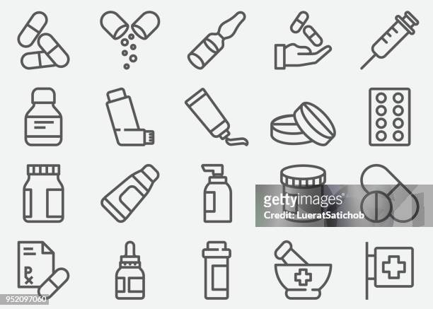 ilustraciones, imágenes clip art, dibujos animados e iconos de stock de las píldoras y los iconos de línea farmacia - recetas